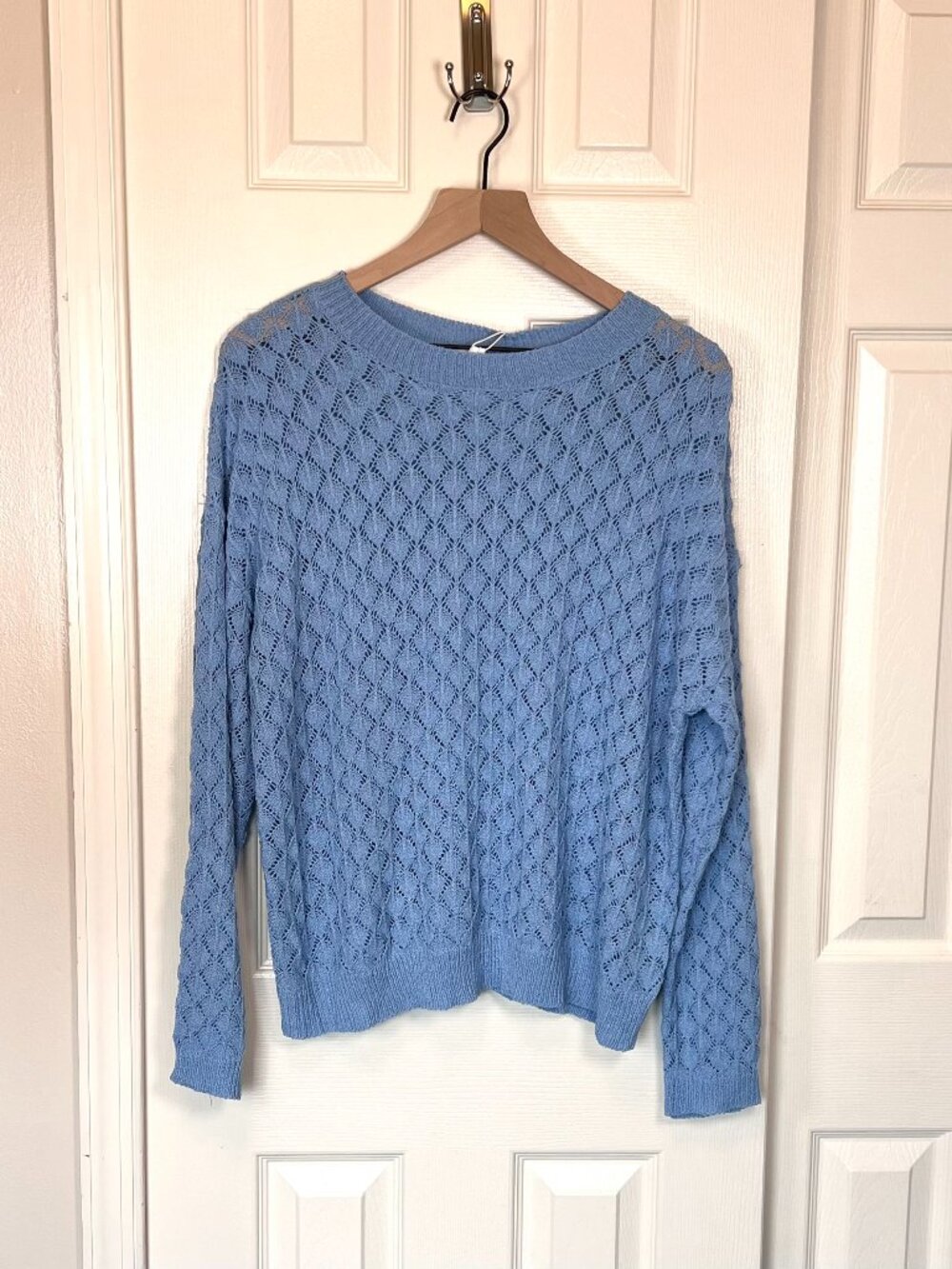 Anniewear Ocean Blue Knit Crochet Lightweight Pullover Sweater Cozy Preppy SZ M